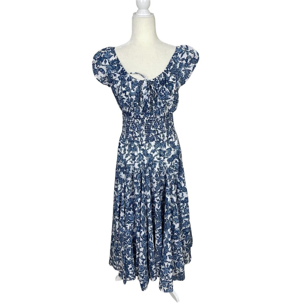 Cotton Paisley Short Sleeve Midi Dress Blue White L Milk Maid Cottage Peasant